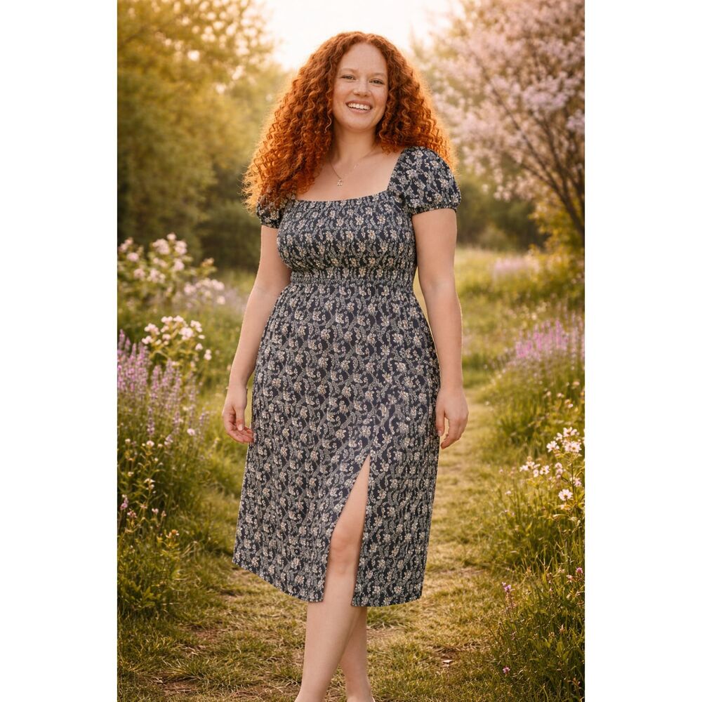 J. Crew XXL Starry Swirl Organic Cotton Smocked Midi Dress Pockets Whimsigoth